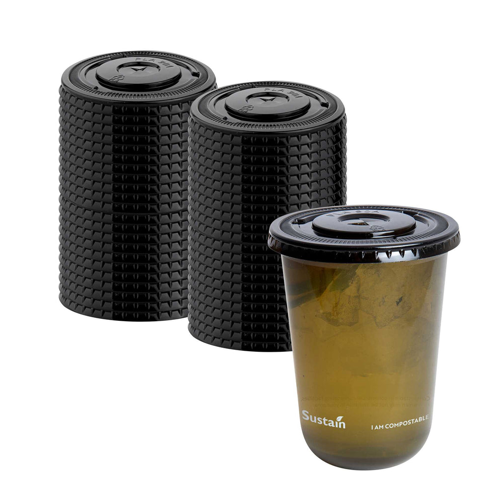 Sustain Round Black PLA Plastic Flat Lid - Fits 12, 16, and 24 oz, Compostable - 3 1/2" x 3 1/2" x 1/4" - 100 count box
