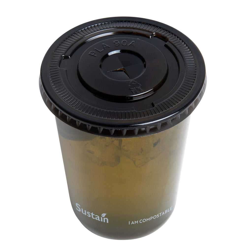 Sustain Round Black PLA Plastic Flat Lid - Fits 12, 16, and 24 oz, Compostable - 3 1/2" x 3 1/2" x 1/4" - 100 count box