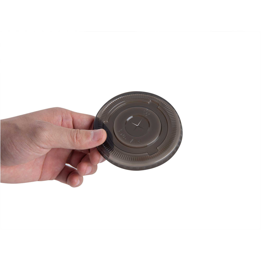 Sustain Round Black PLA Plastic Flat Lid - Fits 12, 16, and 24 oz, Compostable - 3 1/2" x 3 1/2" x 1/4" - 100 count box