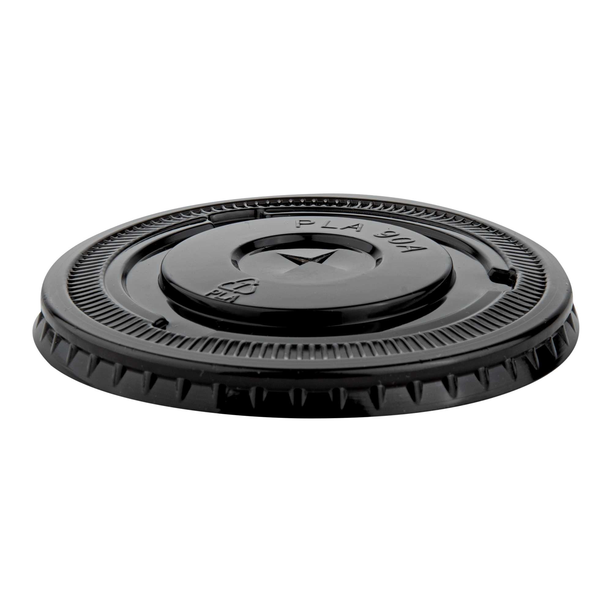 Sustain Round Black PLA Plastic Flat Lid - Fits 12, 16, and 24 oz, Compostable - 3 1/2" x 3 1/2" x 1/4" - 100 count box