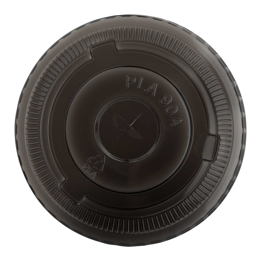 Sustain Round Black PLA Plastic Flat Lid - Fits 12, 16, and 24 oz, Compostable - 3 1/2" x 3 1/2" x 1/4" - 100 count box
