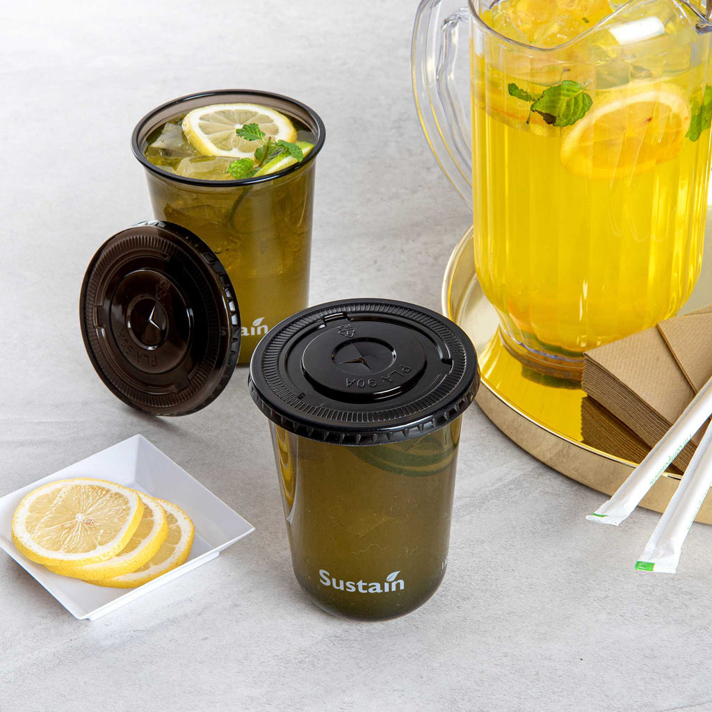 Sustain Round Black PLA Plastic Flat Lid - Fits 12, 16, and 24 oz, Compostable - 3 1/2" x 3 1/2" x 1/4" - 100 count box
