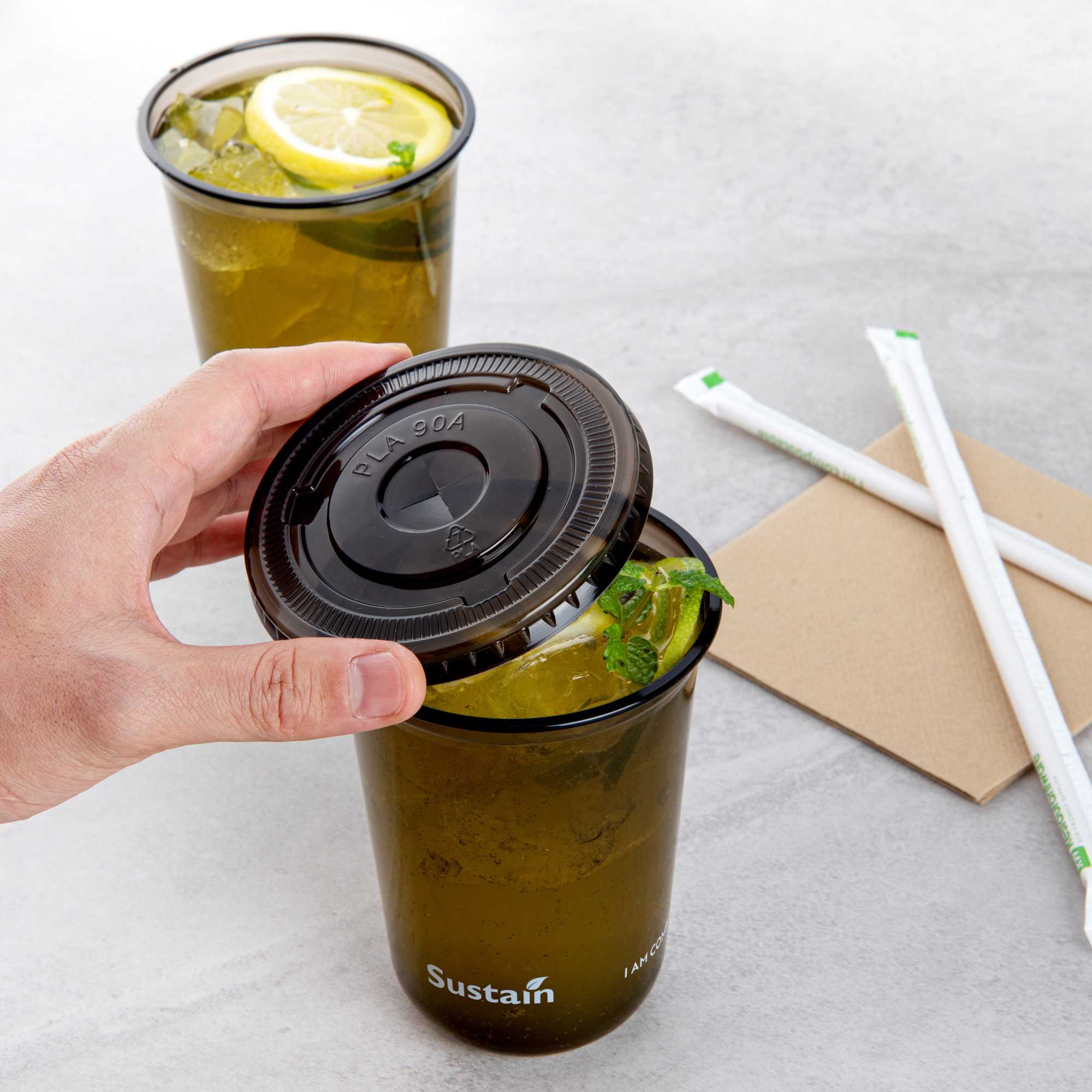Sustain Round Black PLA Plastic Flat Lid - Fits 12, 16, and 24 oz, Compostable - 3 1/2" x 3 1/2" x 1/4" - 100 count box