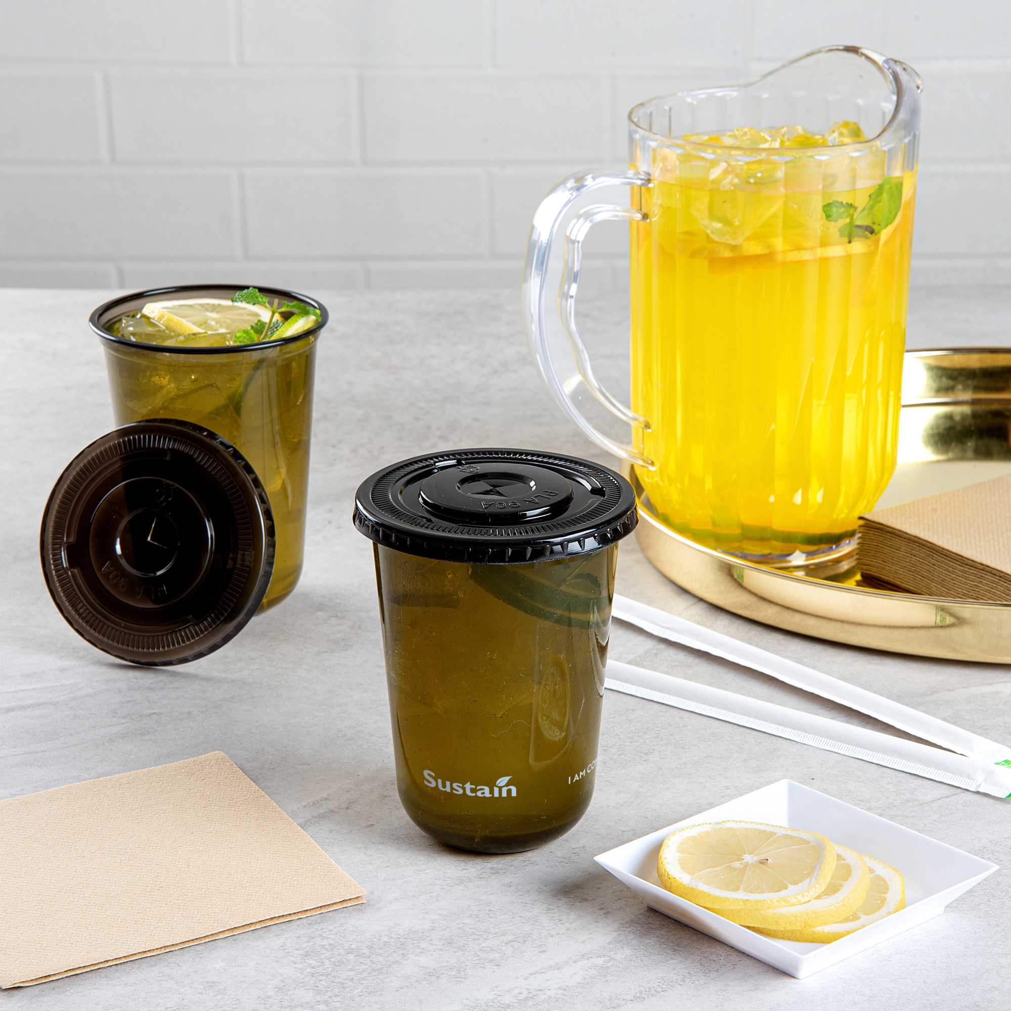 Sustain Round Black PLA Plastic Flat Lid - Fits 12, 16, and 24 oz, Compostable - 3 1/2" x 3 1/2" x 1/4" - 100 count box