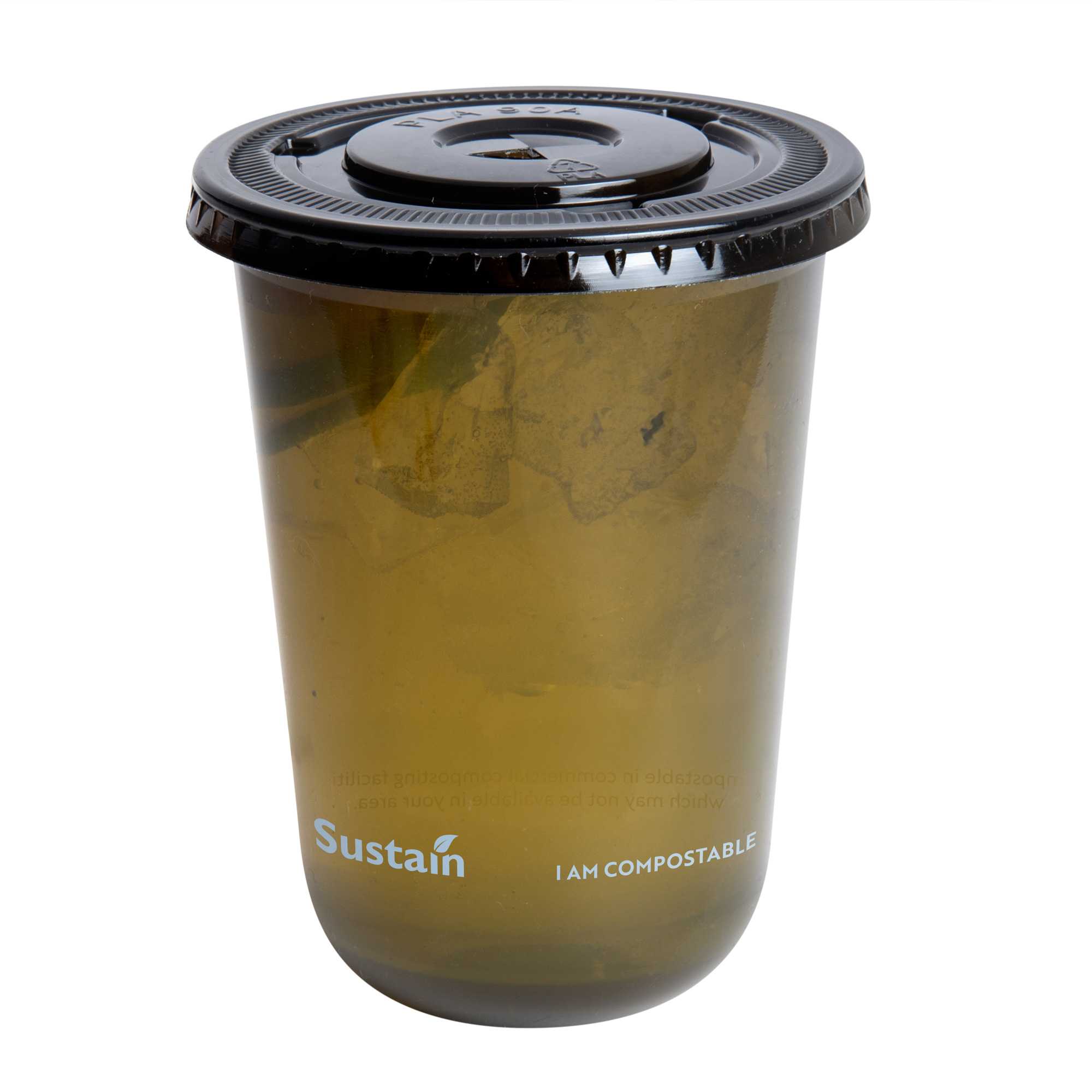Sustain Round Black PLA Plastic Flat Lid - Fits 12, 16, and 24 oz, Compostable - 3 1/2" x 3 1/2" x 1/4" - 1000 count box