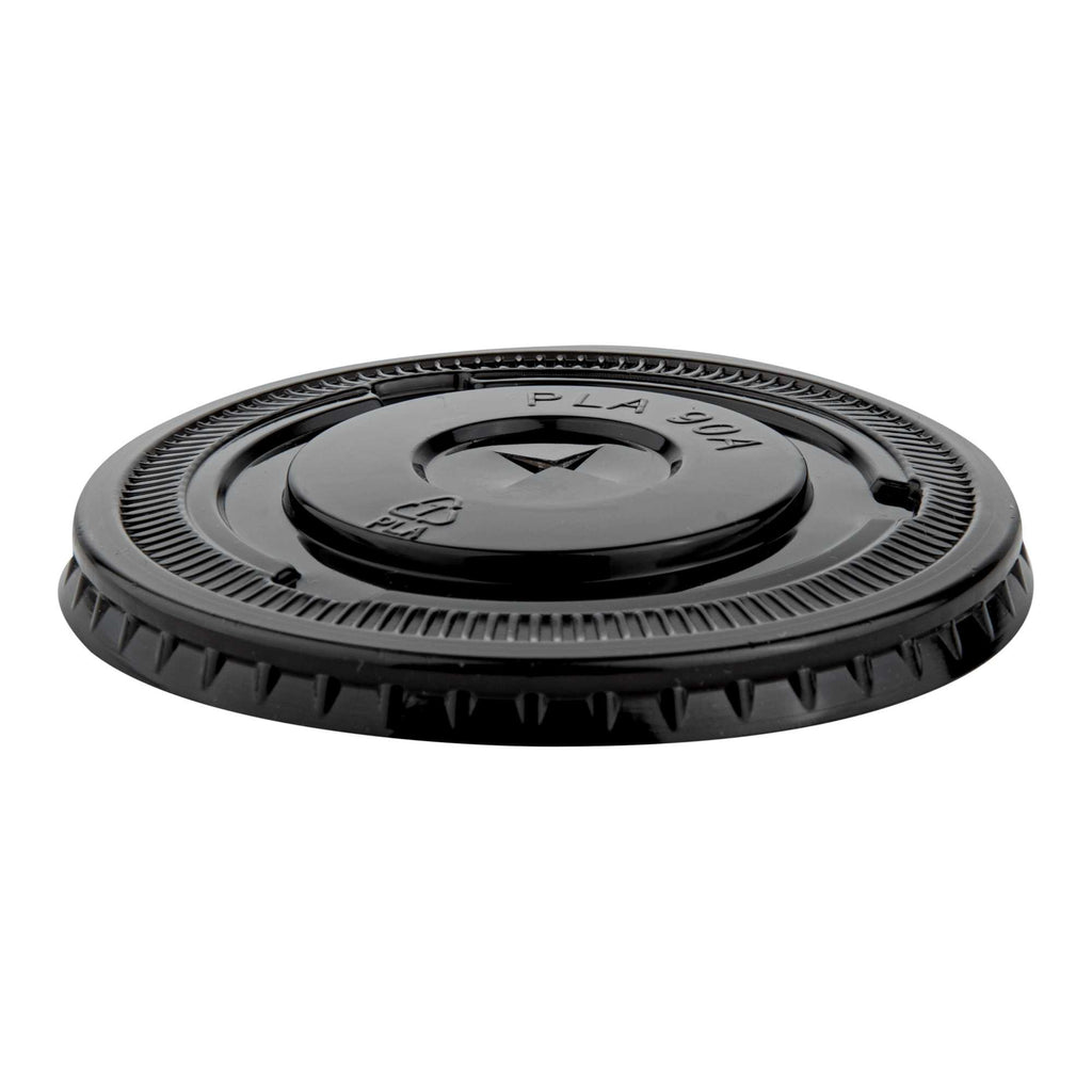 Sustain Round Black PLA Plastic Flat Lid - Fits 12, 16, and 24 oz, Compostable - 3 1/2" x 3 1/2" x 1/4" - 1000 count box