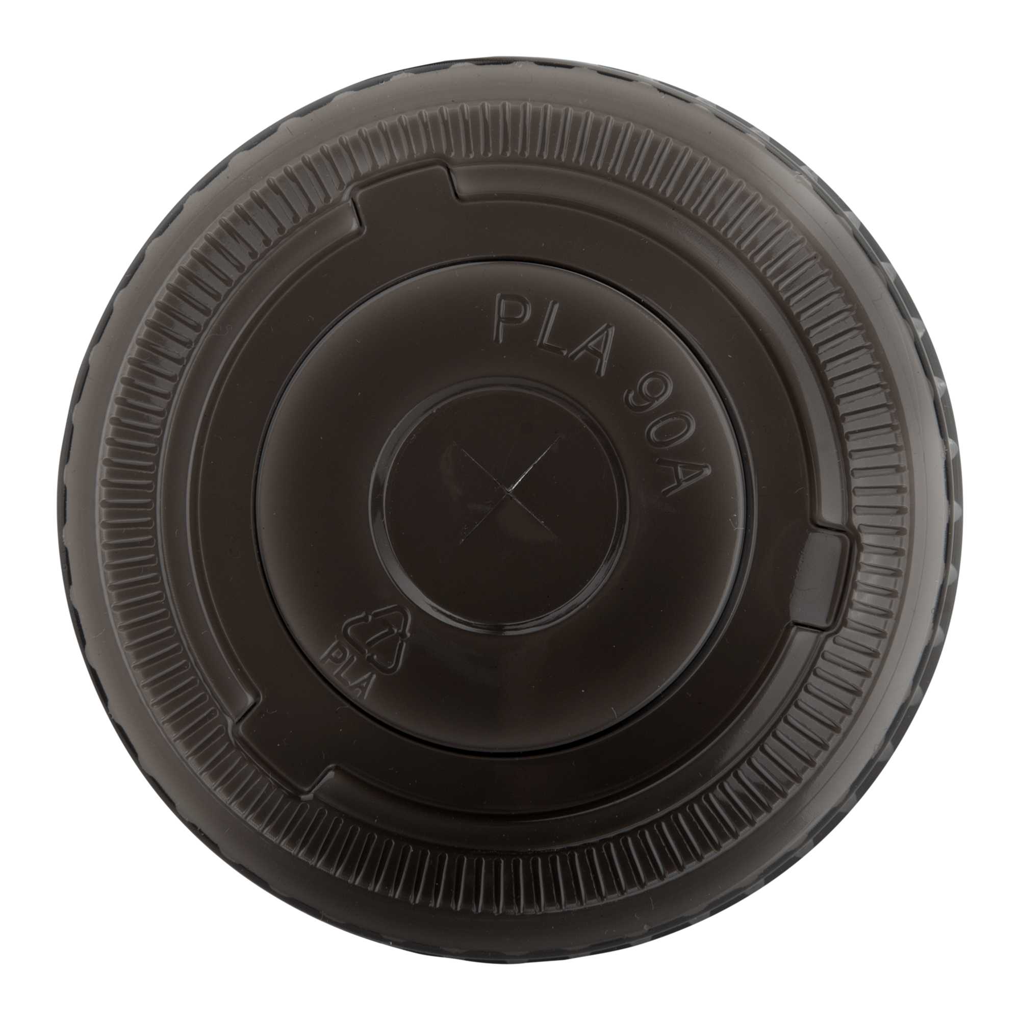 Sustain Round Black PLA Plastic Flat Lid - Fits 12, 16, and 24 oz, Compostable - 3 1/2" x 3 1/2" x 1/4" - 1000 count box