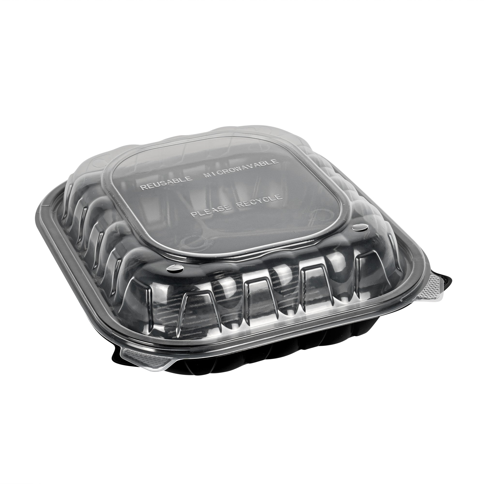 Thermo Tek 54 oz Black Plastic Clamshell Container - 3 Compartments, Microwavable - 10 1/4" x 9" x 3" - 50 count box