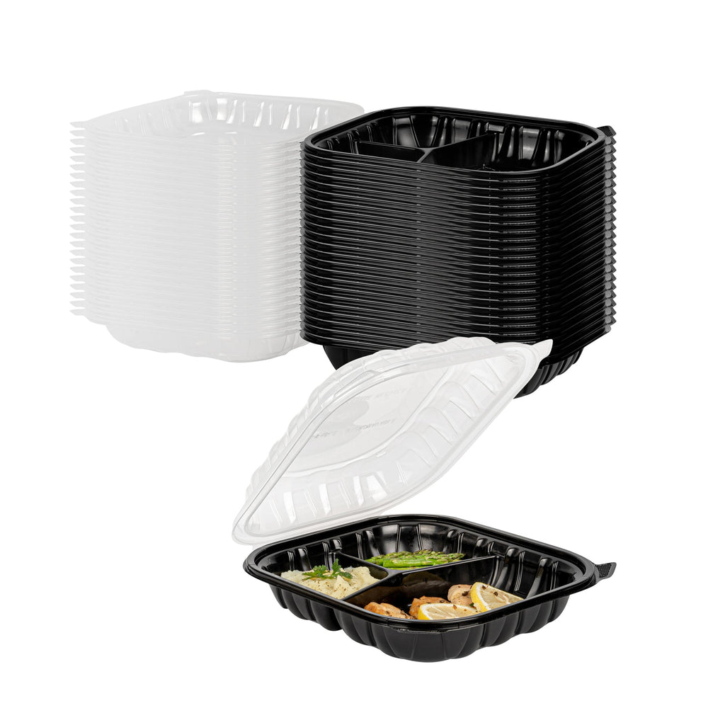 Thermo Tek 54 oz Black Plastic Clamshell Container - 3 Compartments, Microwavable - 10 1/4" x 9" x 3" - 50 count box