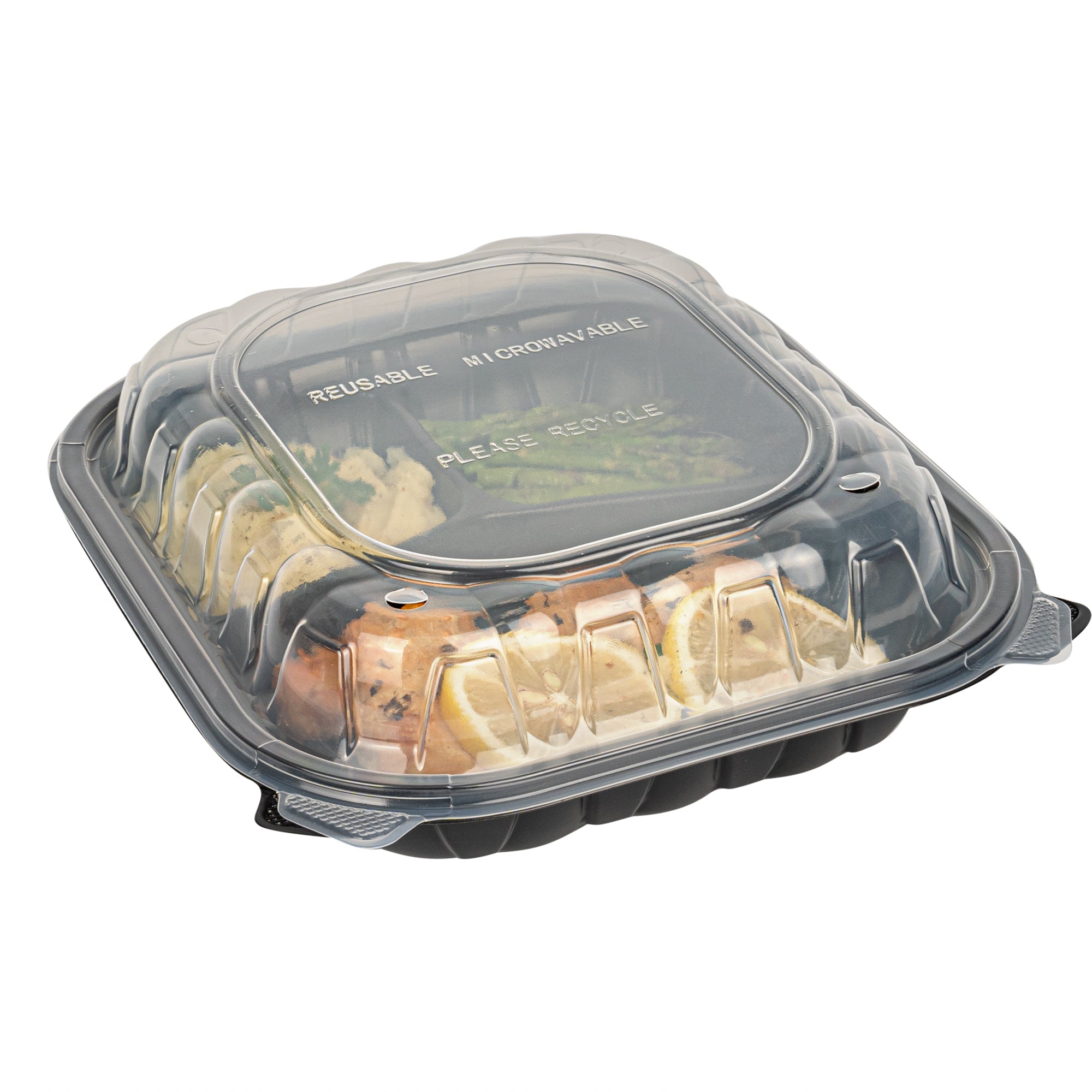 Thermo Tek 54 oz Black Plastic Clamshell Container - 3 Compartments, Microwavable - 10 1/4" x 9" x 3" - 50 count box