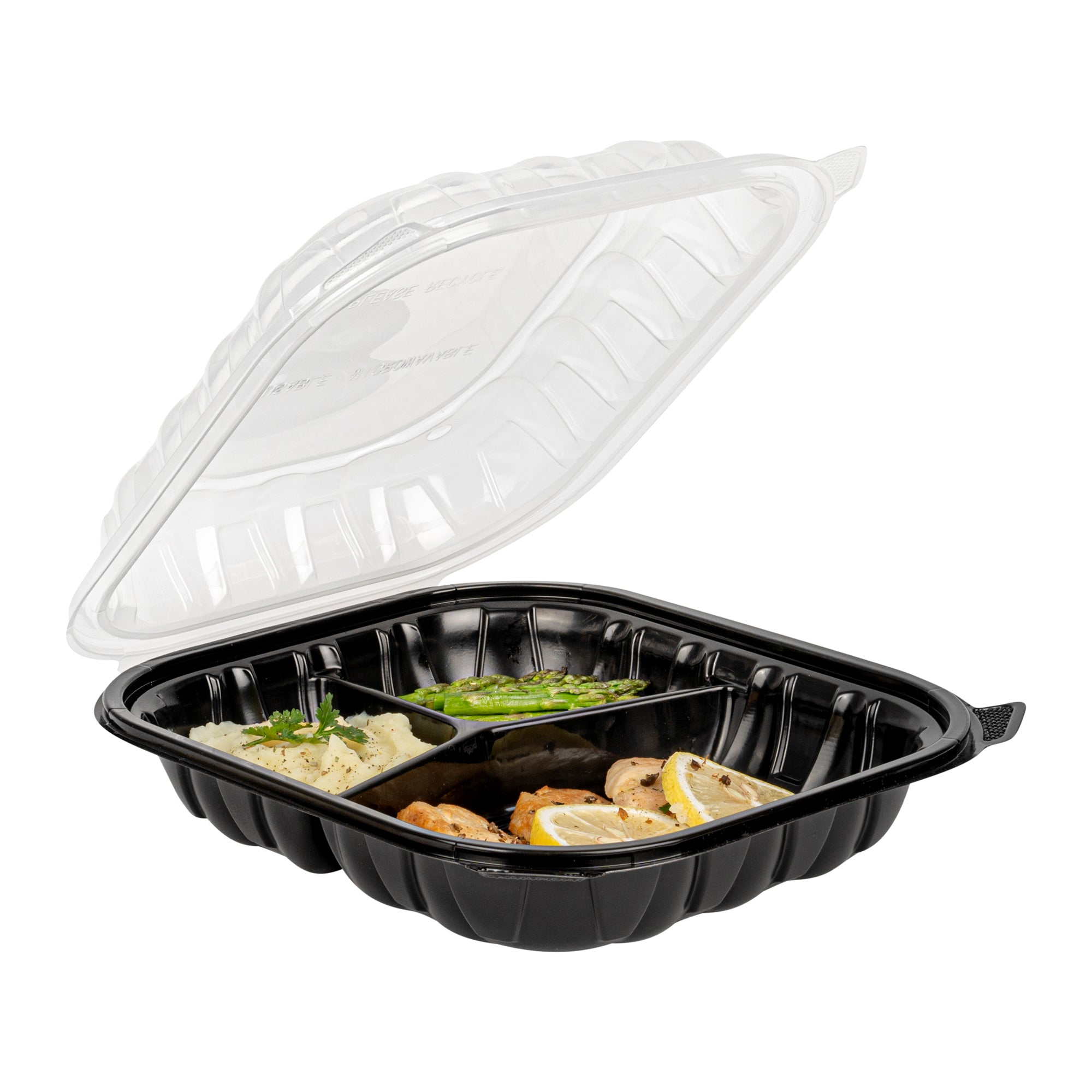 Thermo Tek 54 oz Black Plastic Clamshell Container - 3 Compartments, Microwavable - 10 1/4" x 9" x 3" - 50 count box