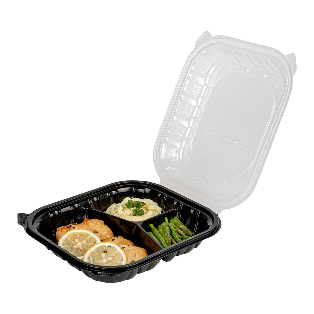 Thermo Tek 54 oz Black Plastic Clamshell Container - 3 Compartments, Microwavable - 10 1/4" x 9" x 3" - 50 count box