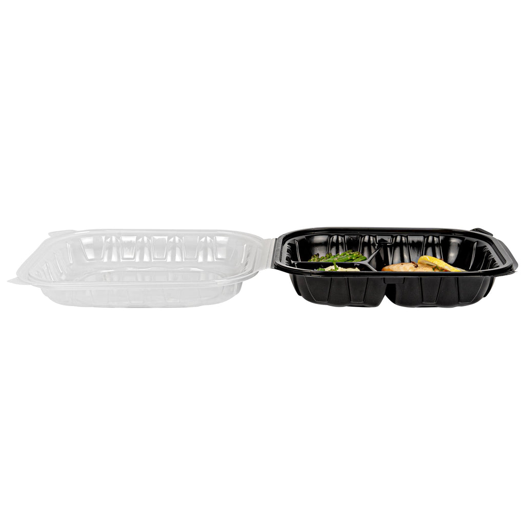 Thermo Tek 54 oz Black Plastic Clamshell Container - 3 Compartments, Microwavable - 10 1/4" x 9" x 3" - 50 count box