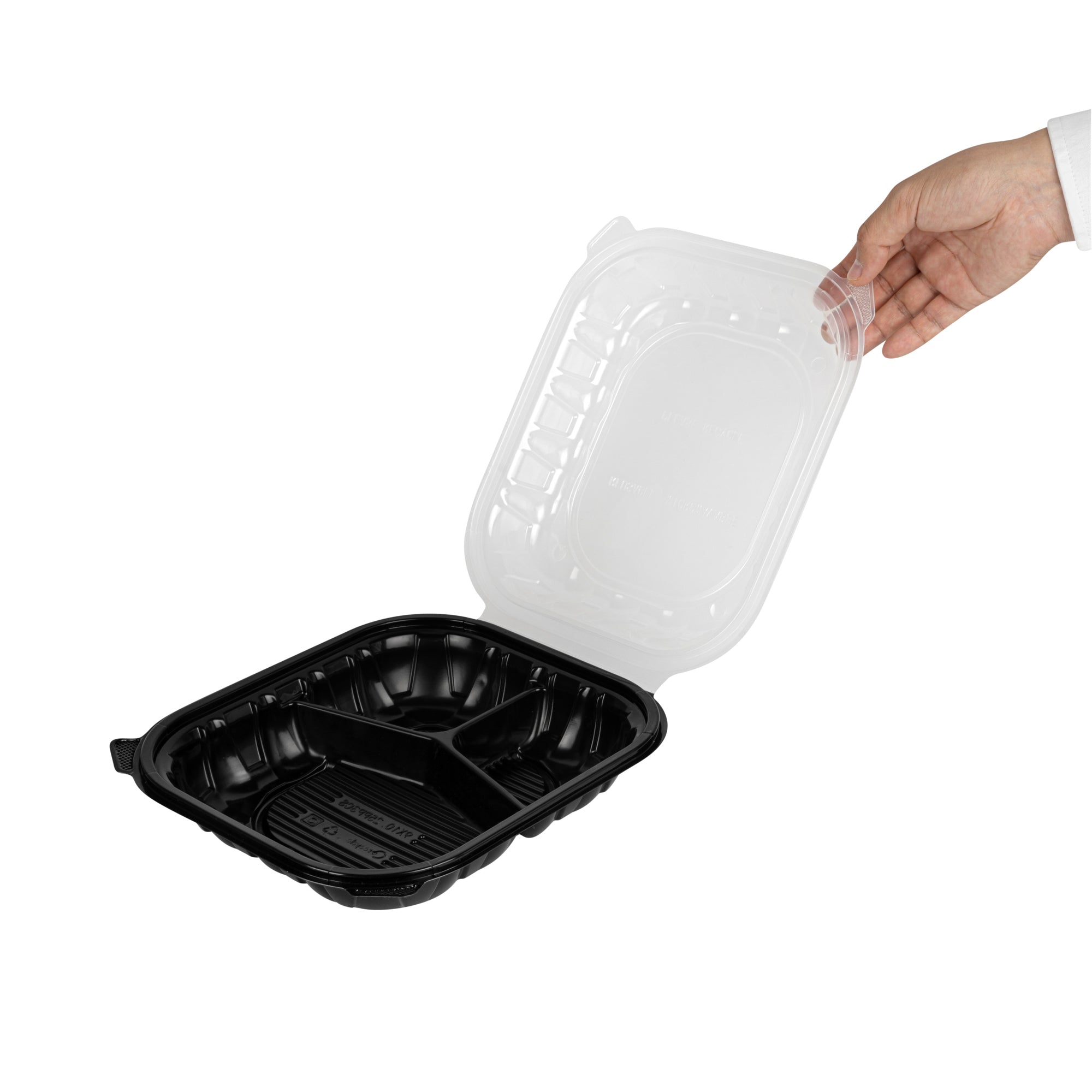 Thermo Tek 54 oz Black Plastic Clamshell Container - 3 Compartments, Microwavable - 10 1/4" x 9" x 3" - 50 count box