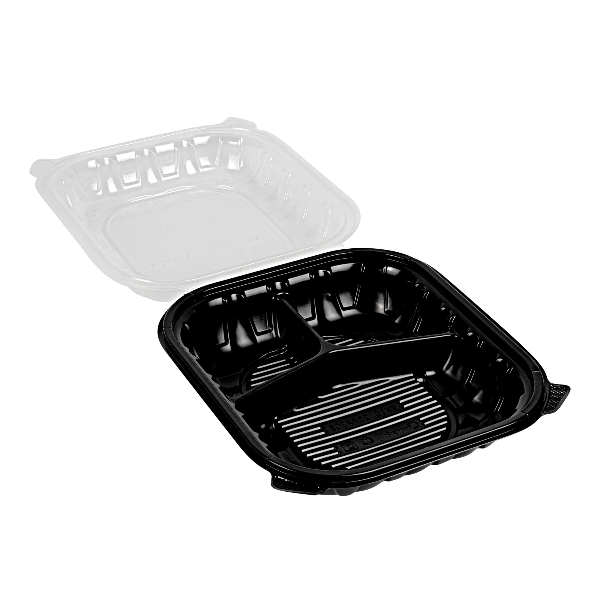 Thermo Tek 54 oz Black Plastic Clamshell Container - 3 Compartments, Microwavable - 10 1/4" x 9" x 3" - 50 count box