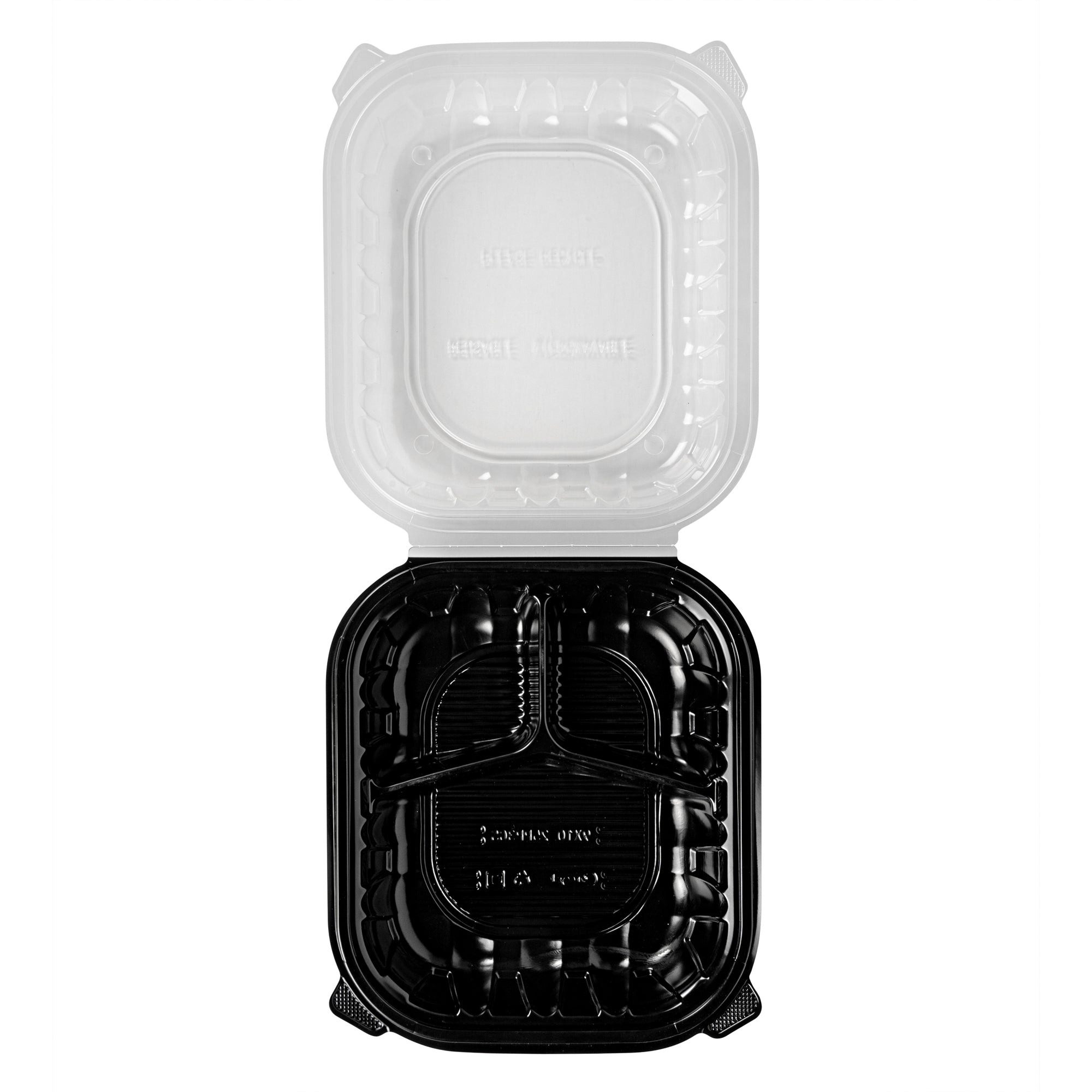 Thermo Tek 54 oz Black Plastic Clamshell Container - 3 Compartments, Microwavable - 10 1/4" x 9" x 3" - 50 count box