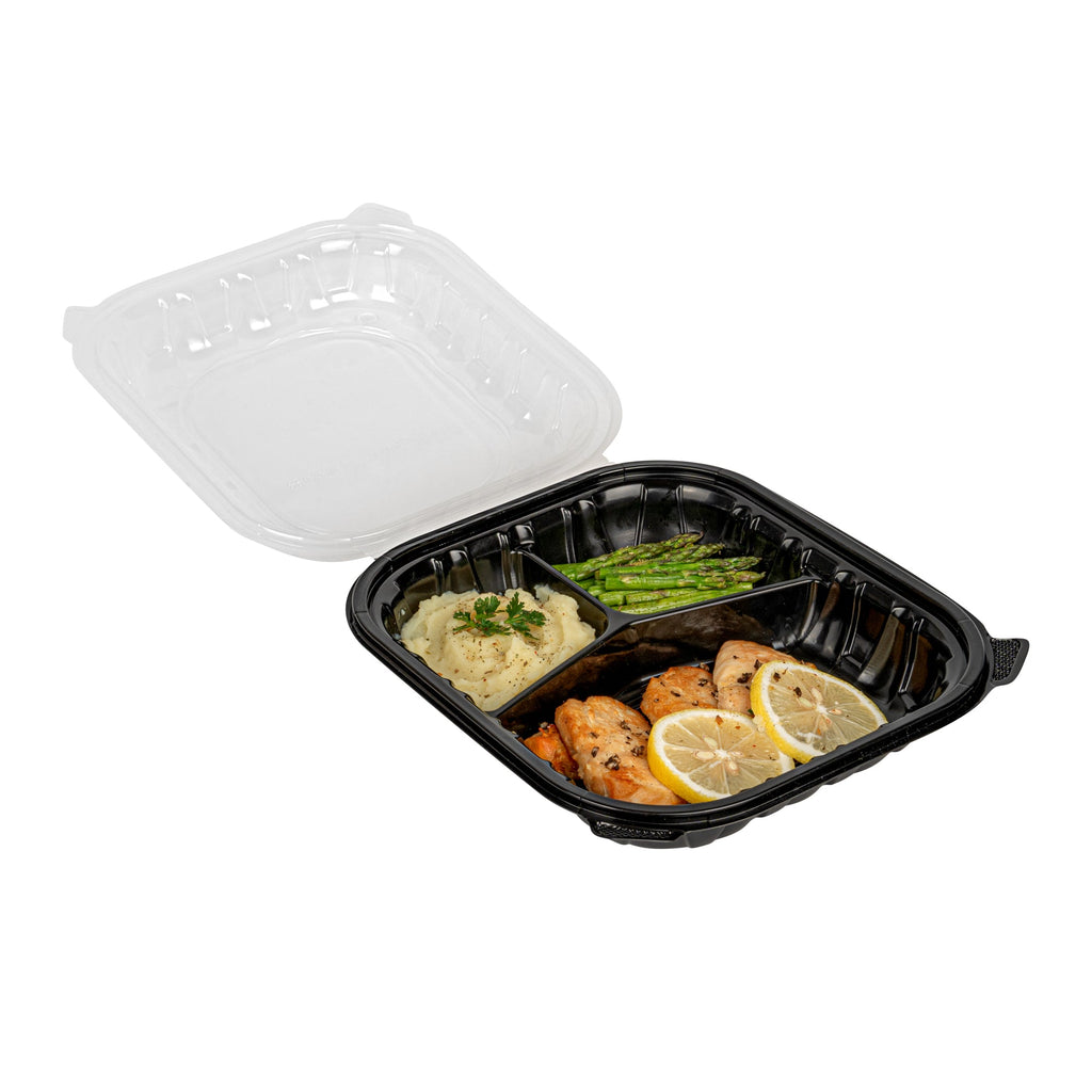 Thermo Tek 54 oz Black Plastic Clamshell Container - 3 Compartments, Microwavable - 10 1/4" x 9" x 3" - 100 count box