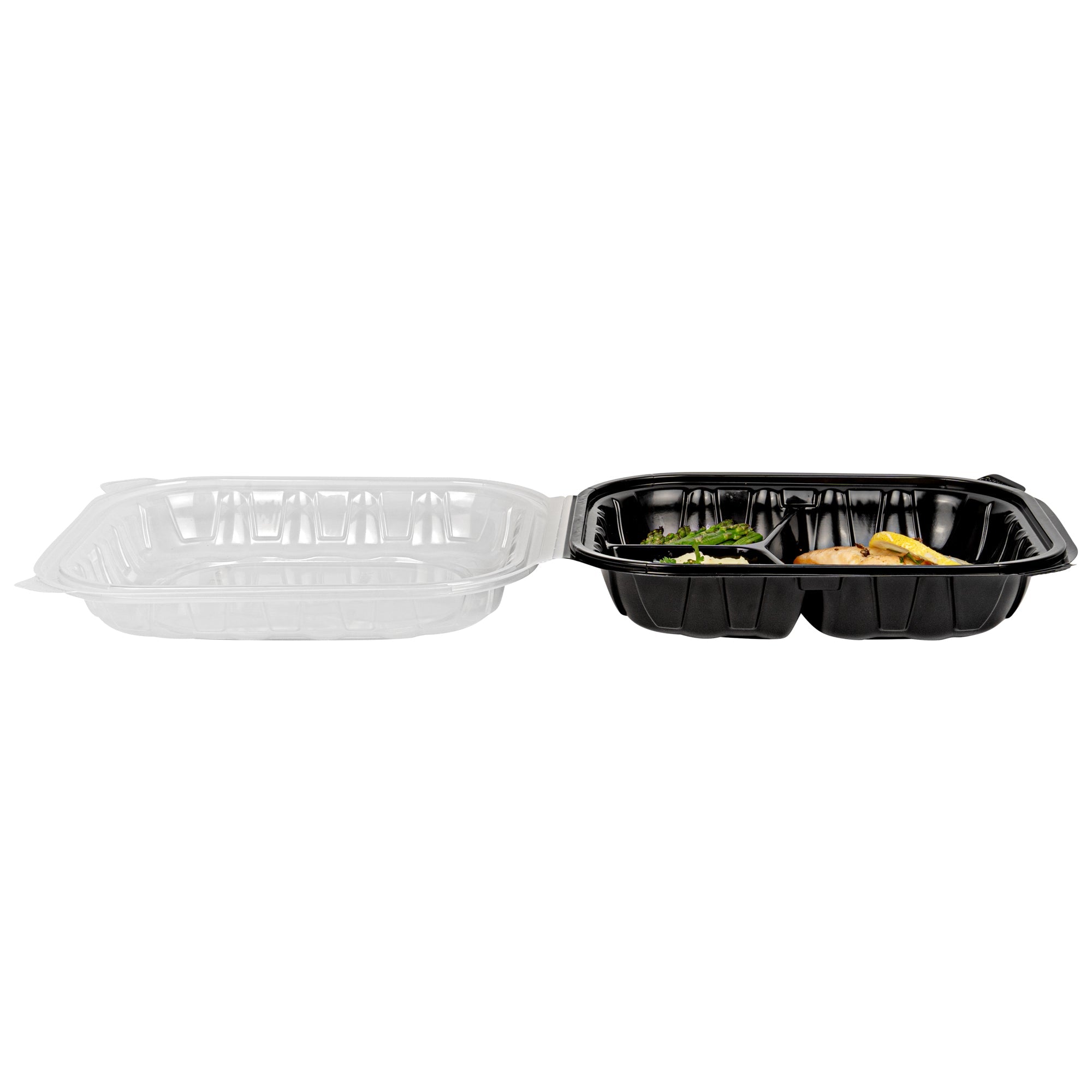Thermo Tek 54 oz Black Plastic Clamshell Container - 3 Compartments, Microwavable - 10 1/4" x 9" x 3" - 100 count box