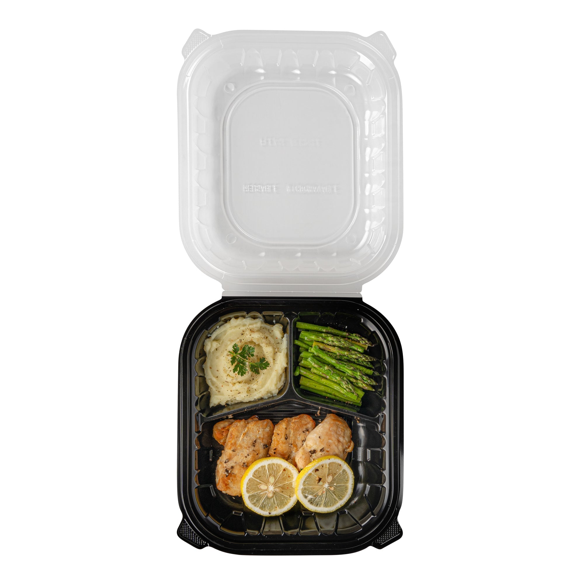 Thermo Tek 54 oz Black Plastic Clamshell Container - 3 Compartments, Microwavable - 10 1/4" x 9" x 3" - 100 count box