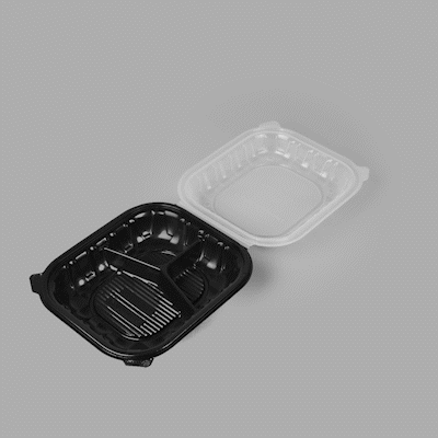 Thermo Tek 54 oz Black Plastic Clamshell Container - 3 Compartments, Microwavable - 10 1/4" x 9" x 3" - 100 count box