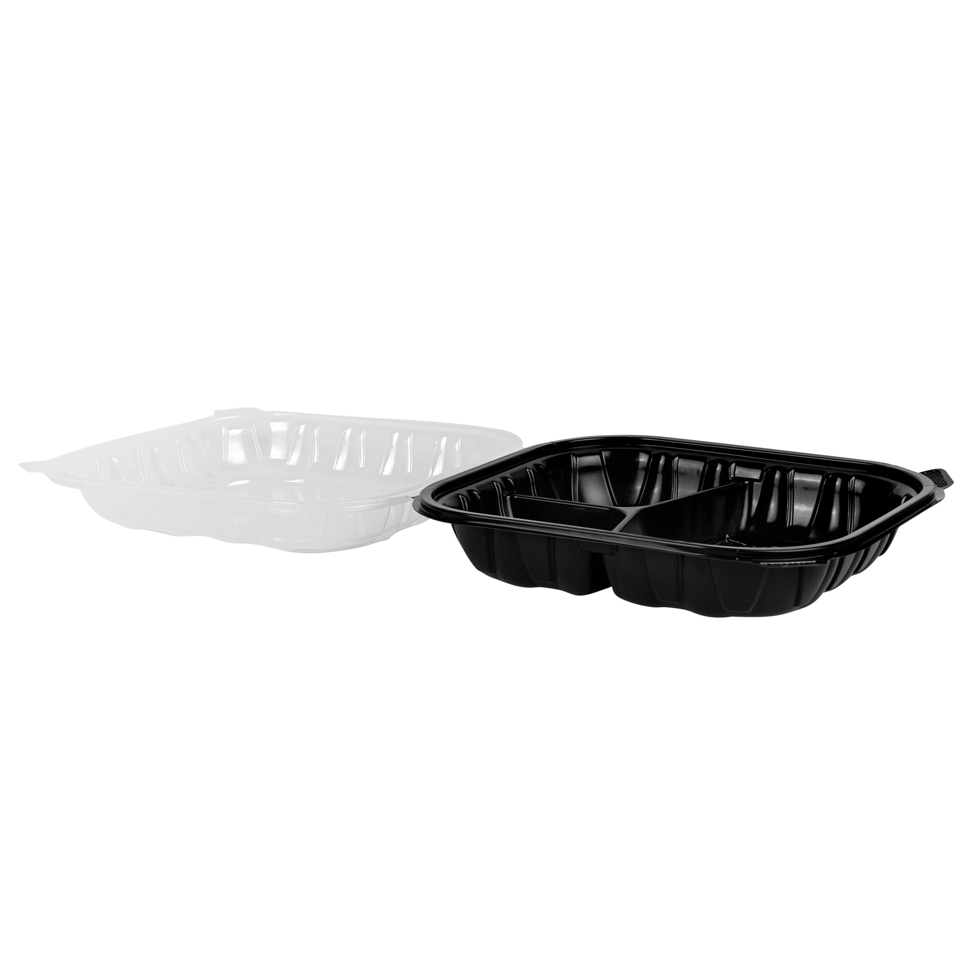 Thermo Tek 54 oz Black Plastic Clamshell Container - 3 Compartments, Microwavable - 10 1/4" x 9" x 3" - 100 count box