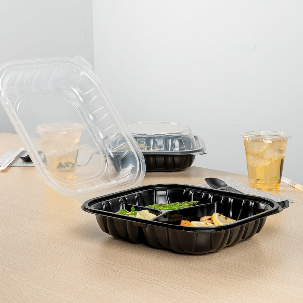 Thermo Tek 54 oz Black Plastic Clamshell Container - 3 Compartments, Microwavable - 10 1/4" x 9" x 3" - 100 count box