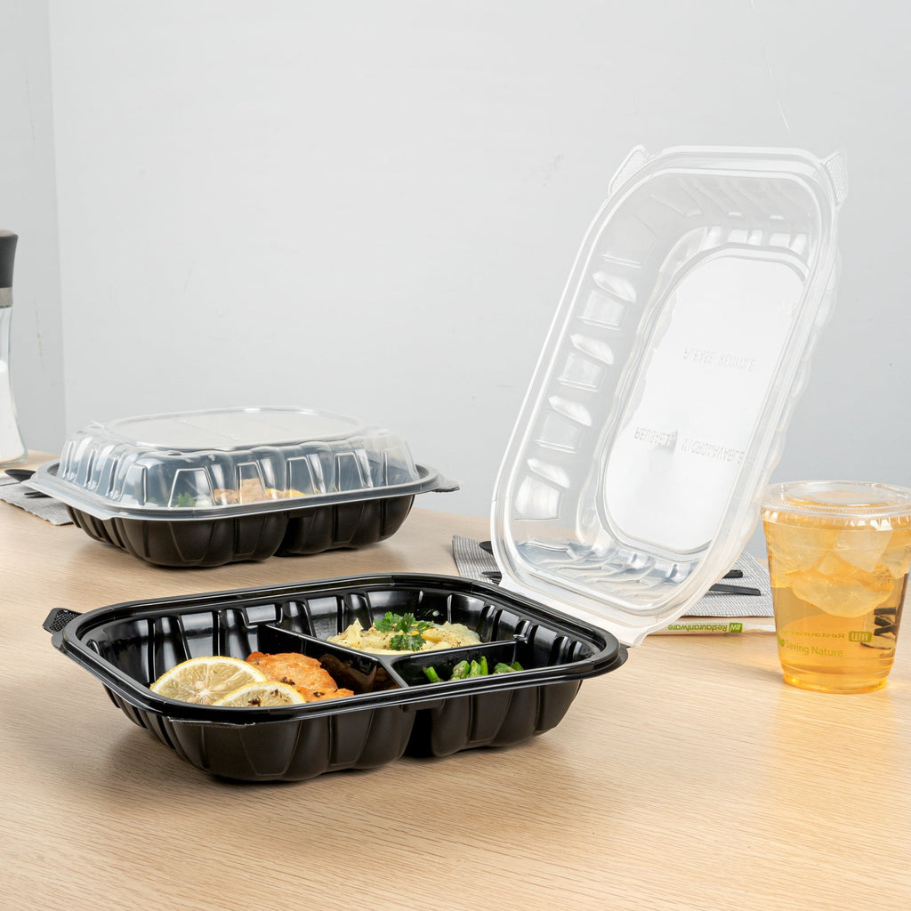 Thermo Tek 54 oz Black Plastic Clamshell Container - 3 Compartments, Microwavable - 10 1/4" x 9" x 3" - 100 count box