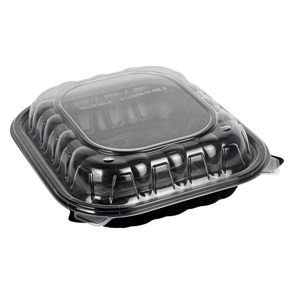 Thermo Tek 54 oz Black Plastic Clamshell Container - Microwavable - 10 1/4" x 9" x 3" - 50 count box