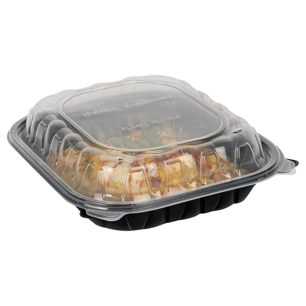 Thermo Tek 54 oz Black Plastic Clamshell Container - Microwavable - 10 1/4" x 9" x 3" - 50 count box