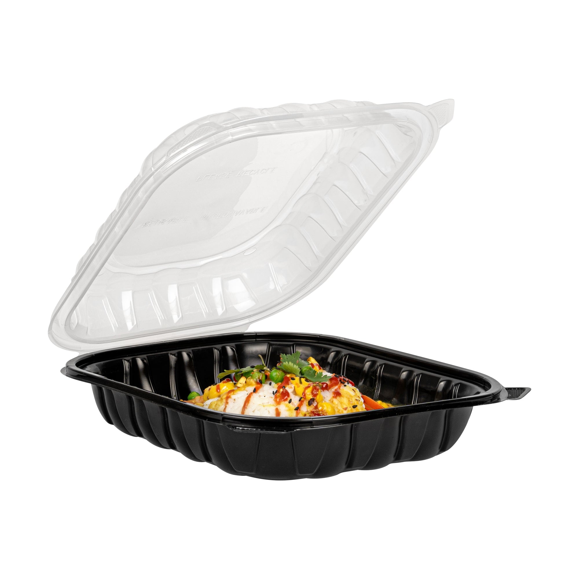 Thermo Tek 54 oz Black Plastic Clamshell Container - Microwavable - 10 1/4" x 9" x 3" - 50 count box