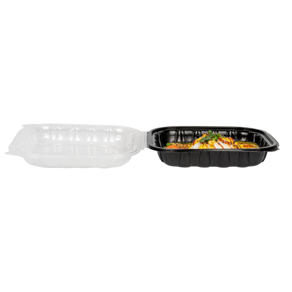 Thermo Tek 54 oz Black Plastic Clamshell Container - Microwavable - 10 1/4" x 9" x 3" - 50 count box