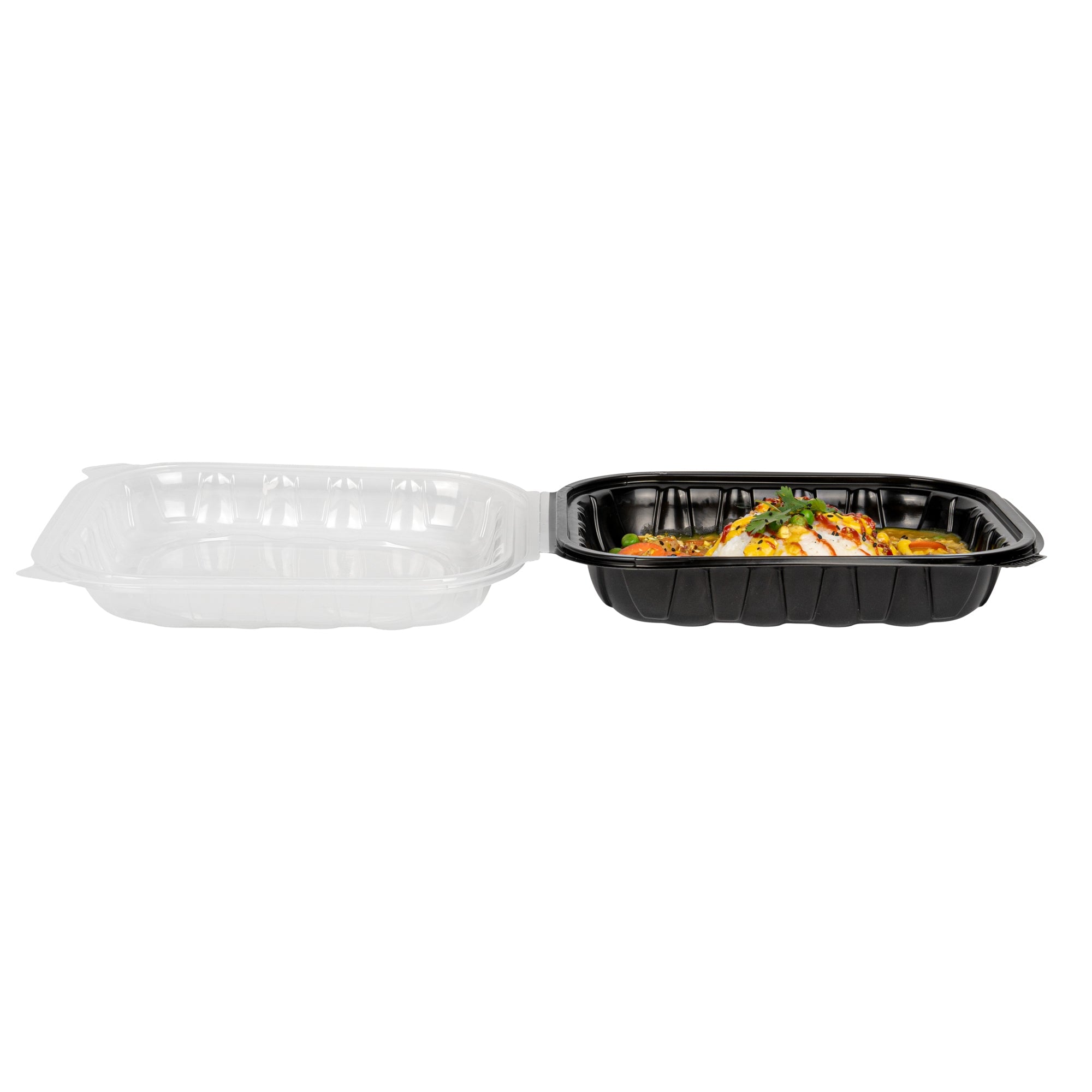 Thermo Tek 54 oz Black Plastic Clamshell Container - Microwavable - 10 1/4" x 9" x 3" - 50 count box
