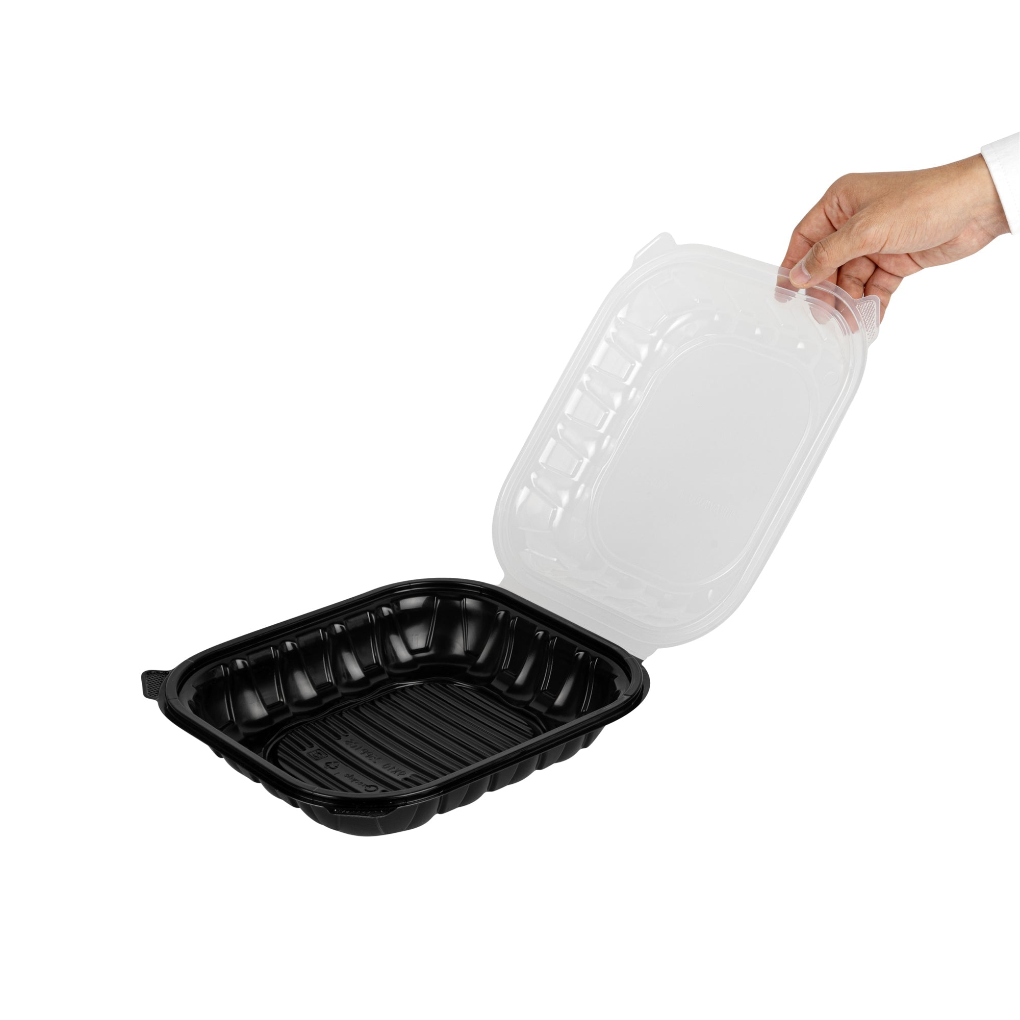 Thermo Tek 54 oz Black Plastic Clamshell Container - Microwavable - 10 1/4" x 9" x 3" - 50 count box
