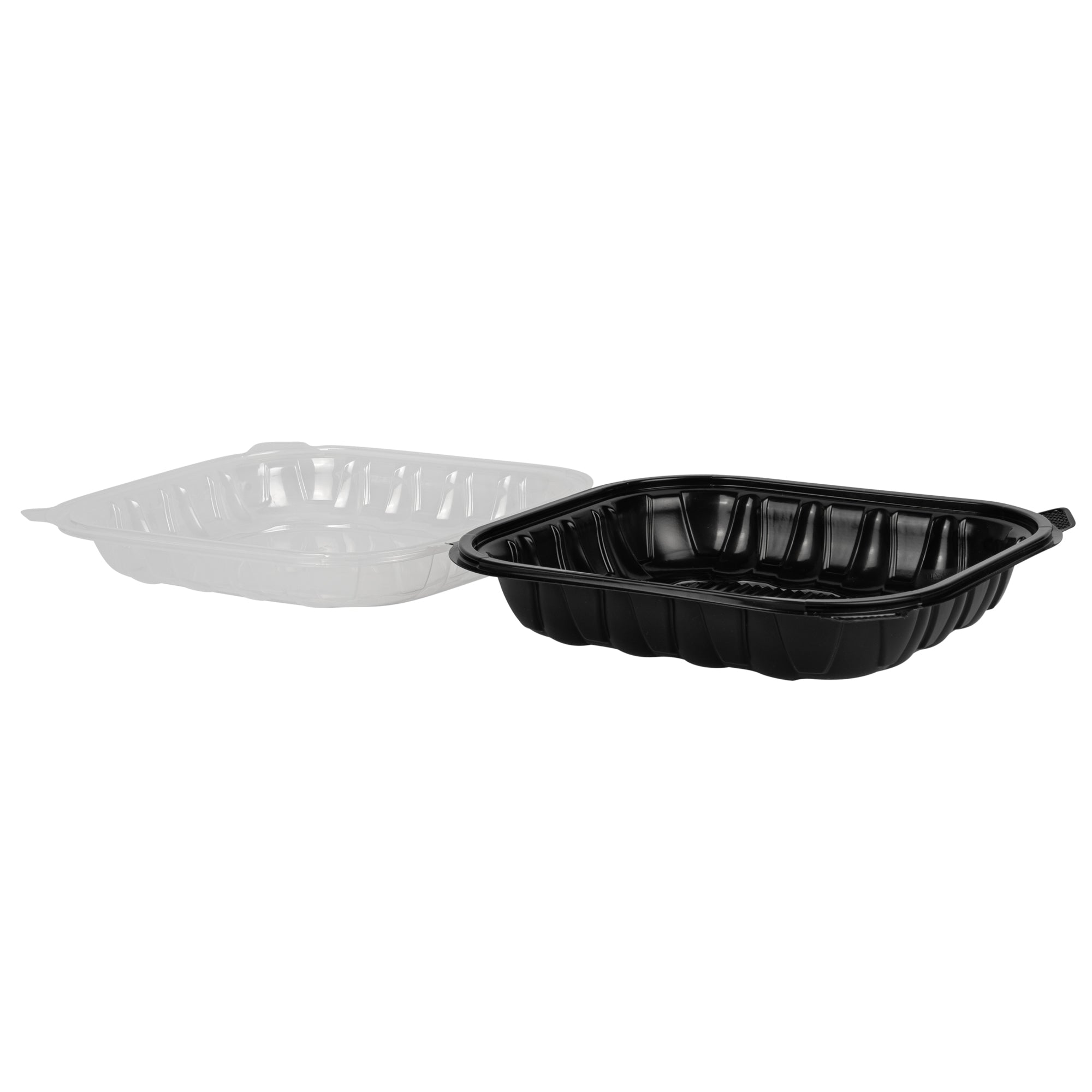 Thermo Tek 54 oz Black Plastic Clamshell Container - Microwavable - 10 1/4" x 9" x 3" - 50 count box