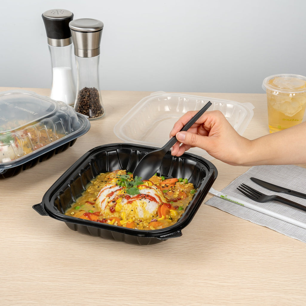 Thermo Tek 54 oz Black Plastic Clamshell Container - Microwavable - 10 1/4" x 9" x 3" - 50 count box
