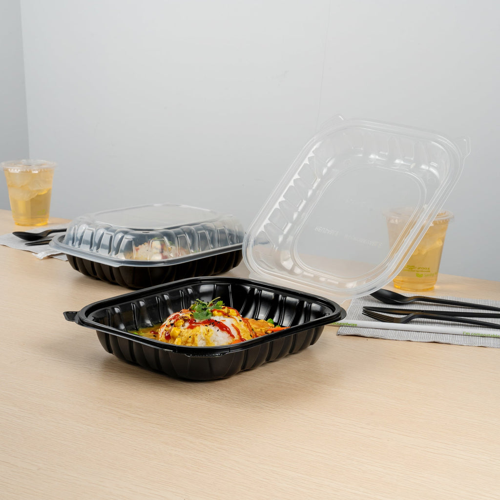 Thermo Tek 54 oz Black Plastic Clamshell Container - Microwavable - 10 1/4" x 9" x 3" - 50 count box