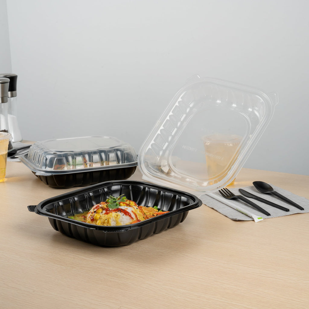 Thermo Tek 54 oz Black Plastic Clamshell Container - Microwavable - 10 1/4" x 9" x 3" - 50 count box