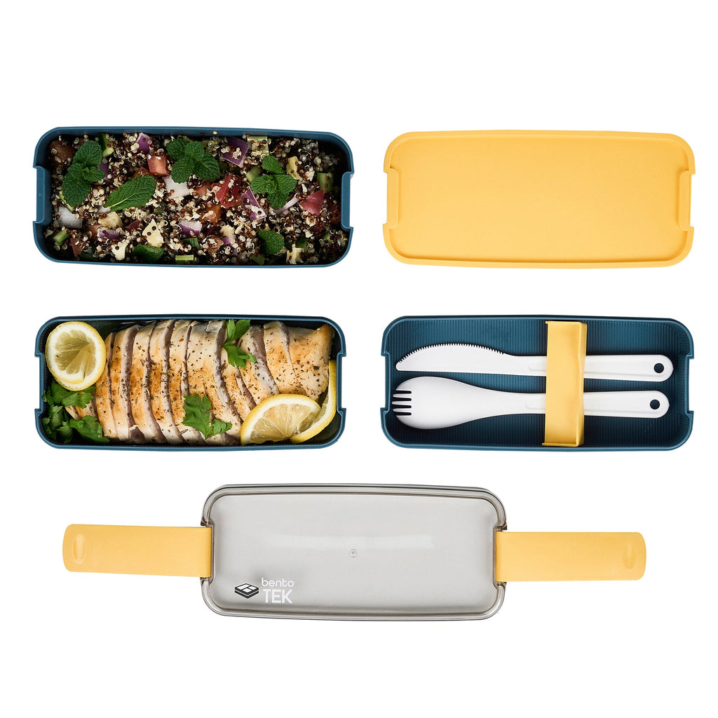 Bento Tek 30 oz Blue and Yellow 3-In-1 Lunch Box - BPA-Free, Microwave-Safe, with Fork and Knife - 7 1/2" x 3 1/4" x 4 1/2" - 1 count box