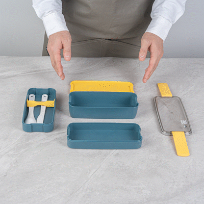 Bento Tek 30 oz Blue and Yellow 3-In-1 Lunch Box - BPA-Free, Microwave-Safe, with Fork and Knife - 7 1/2" x 3 1/4" x 4 1/2" - 1 count box