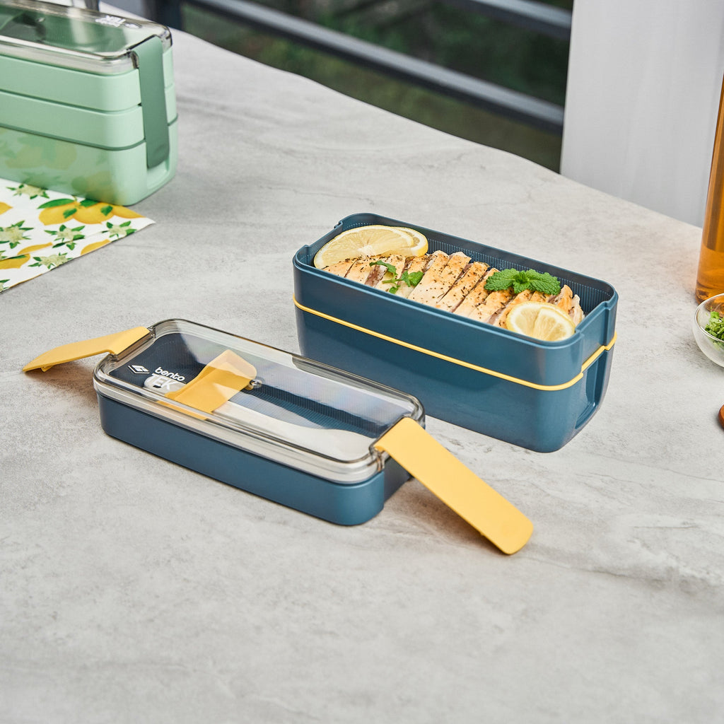 Bento Tek 30 oz Blue and Yellow 3-In-1 Lunch Box - BPA-Free, Microwave-Safe, with Fork and Knife - 7 1/2" x 3 1/4" x 4 1/2" - 1 count box