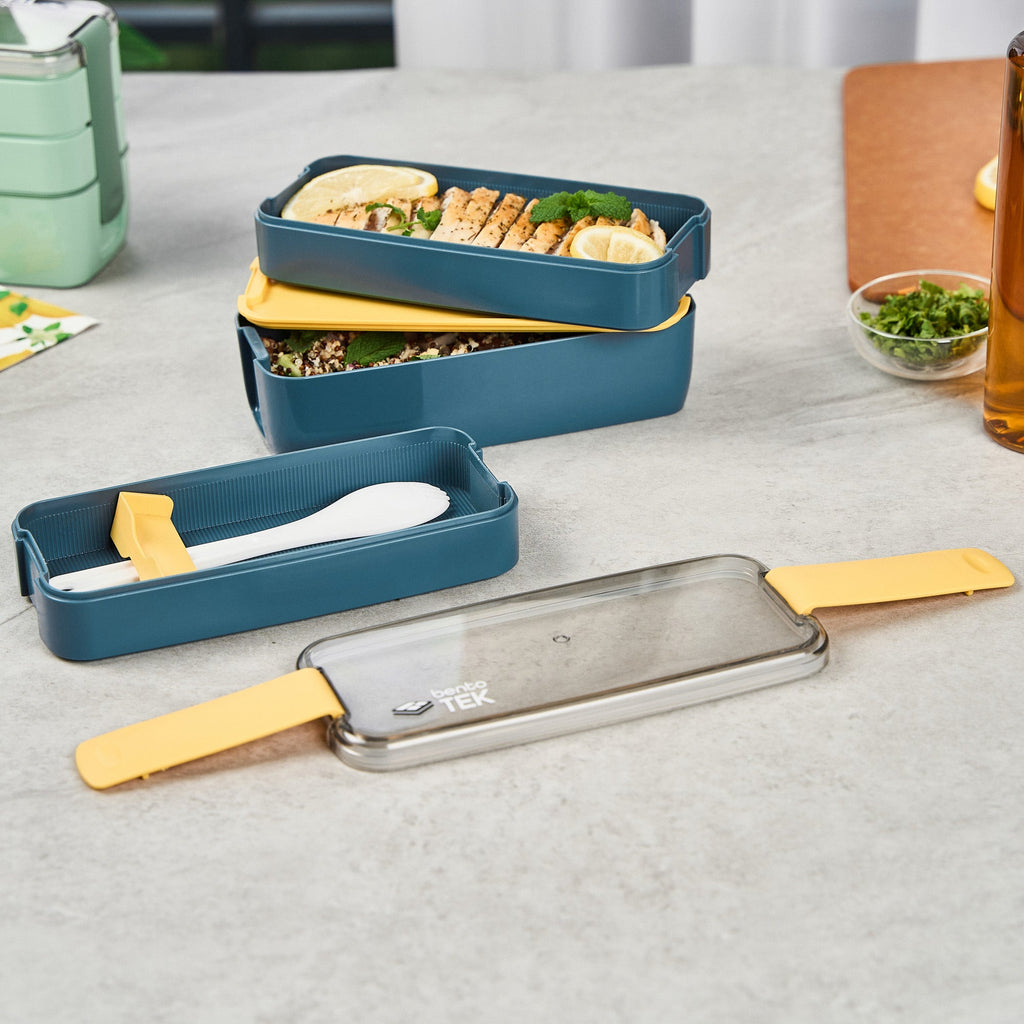 Bento Tek 30 oz Blue and Yellow 3-In-1 Lunch Box - BPA-Free, Microwave-Safe, with Fork and Knife - 7 1/2" x 3 1/4" x 4 1/2" - 1 count box