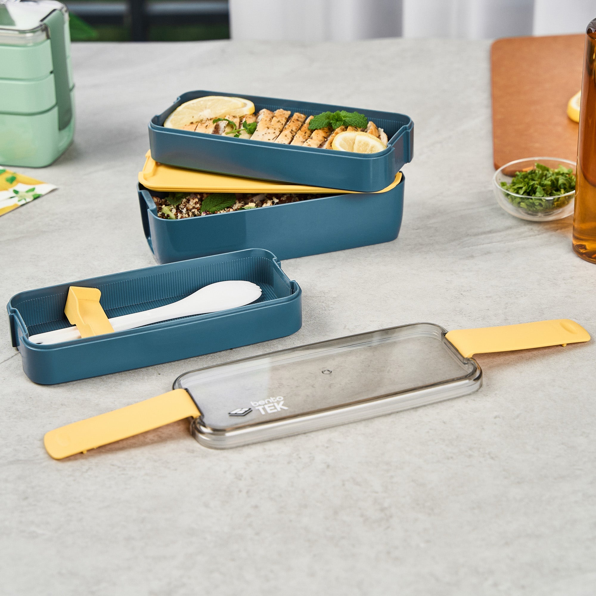 Bento Tek 30 oz Blue and Yellow 3-In-1 Lunch Box - BPA-Free, Microwave-Safe, with Fork and Knife - 7 1/2" x 3 1/4" x 4 1/2" - 1 count box