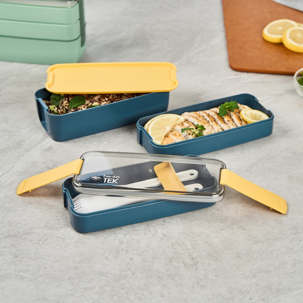 Bento Tek 30 oz Blue and Yellow 3-In-1 Lunch Box - BPA-Free, Microwave-Safe, with Fork and Knife - 7 1/2" x 3 1/4" x 4 1/2" - 1 count box