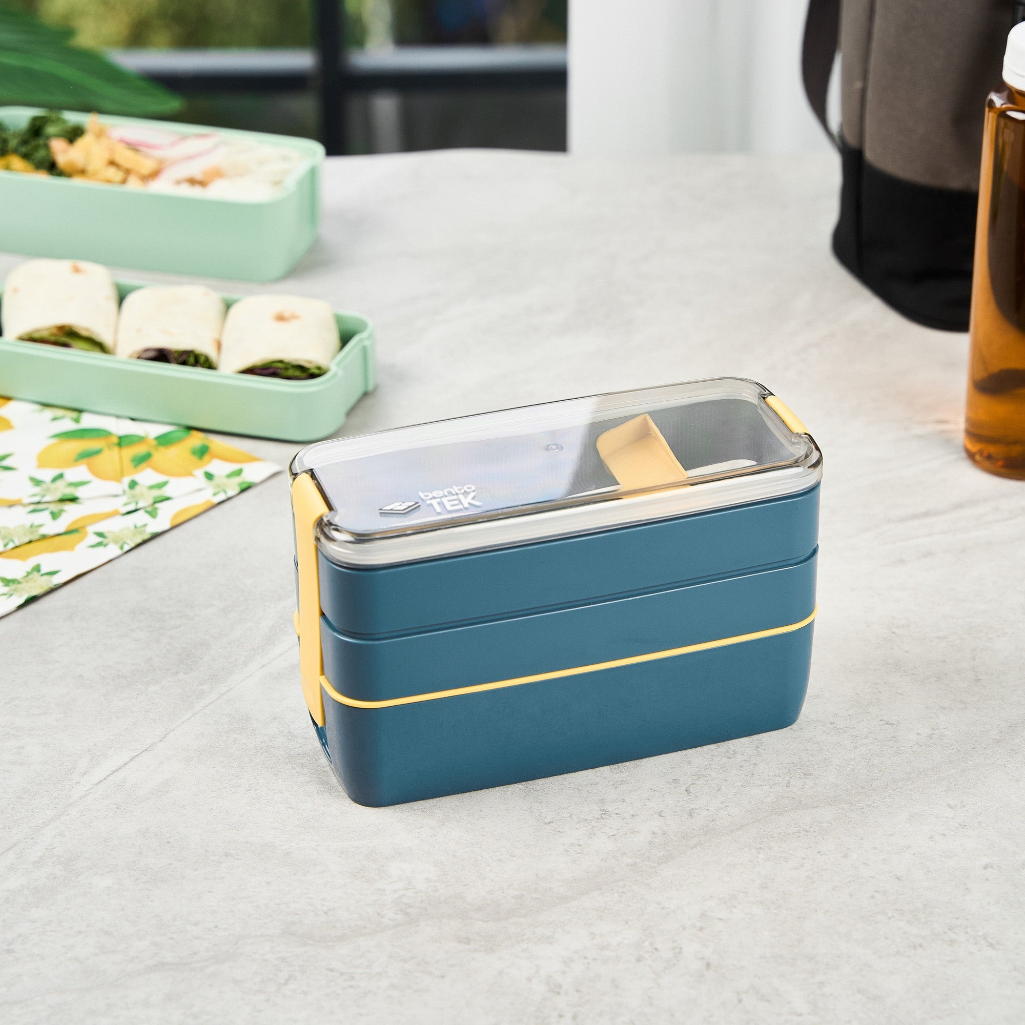 Bento Tek 30 oz Blue and Yellow 3-In-1 Lunch Box - BPA-Free, Microwave-Safe, with Fork and Knife - 7 1/2" x 3 1/4" x 4 1/2" - 10 count box