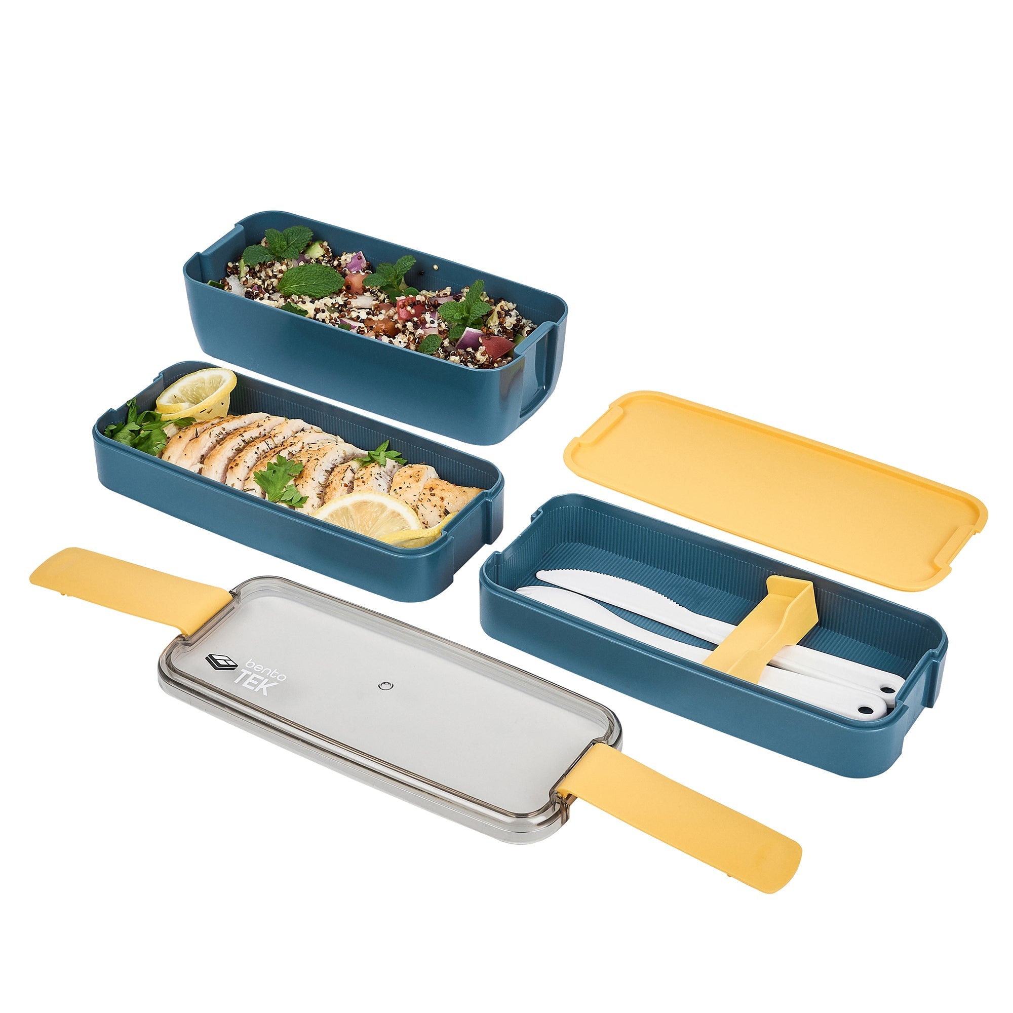 Bento Tek 30 oz Blue and Yellow 3-In-1 Lunch Box - BPA-Free, Microwave-Safe, with Fork and Knife - 7 1/2" x 3 1/4" x 4 1/2" - 10 count box