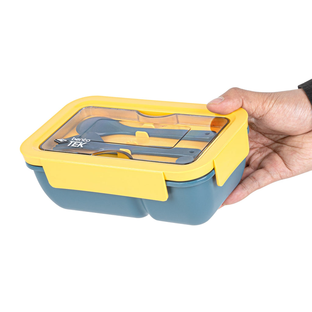 Bento Tek 30 oz Blue and Yellow 3-In-1 Lunch Box - BPA-Free, Microwave-Safe, with Fork and Knife - 7 1/2" x 3 1/4" x 4 1/2" - 10 count box