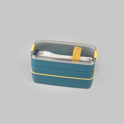Bento Tek 30 oz Blue and Yellow 3-In-1 Lunch Box - BPA-Free, Microwave-Safe, with Fork and Knife - 7 1/2" x 3 1/4" x 4 1/2" - 10 count box