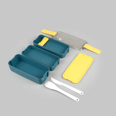 Bento Tek 30 oz Blue and Yellow 3-In-1 Lunch Box - BPA-Free, Microwave-Safe, with Fork and Knife - 7 1/2" x 3 1/4" x 4 1/2" - 10 count box