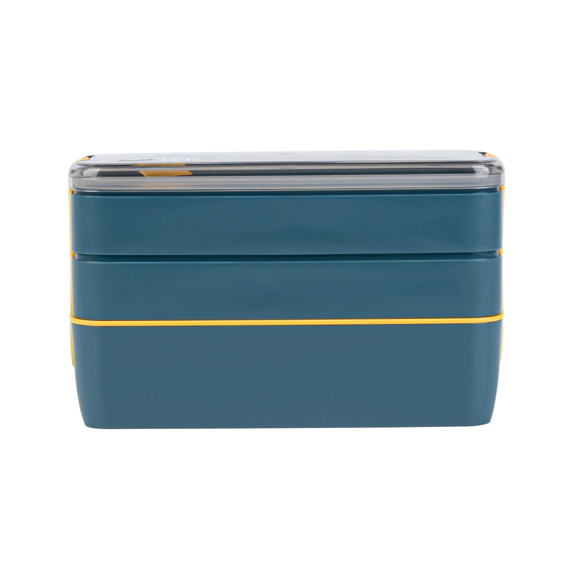 Bento Tek 30 oz Blue and Yellow 3-In-1 Lunch Box - BPA-Free, Microwave-Safe, with Fork and Knife - 7 1/2" x 3 1/4" x 4 1/2" - 10 count box