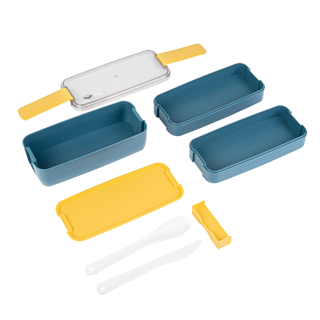 Bento Tek 30 oz Blue and Yellow 3-In-1 Lunch Box - BPA-Free, Microwave-Safe, with Fork and Knife - 7 1/2" x 3 1/4" x 4 1/2" - 10 count box